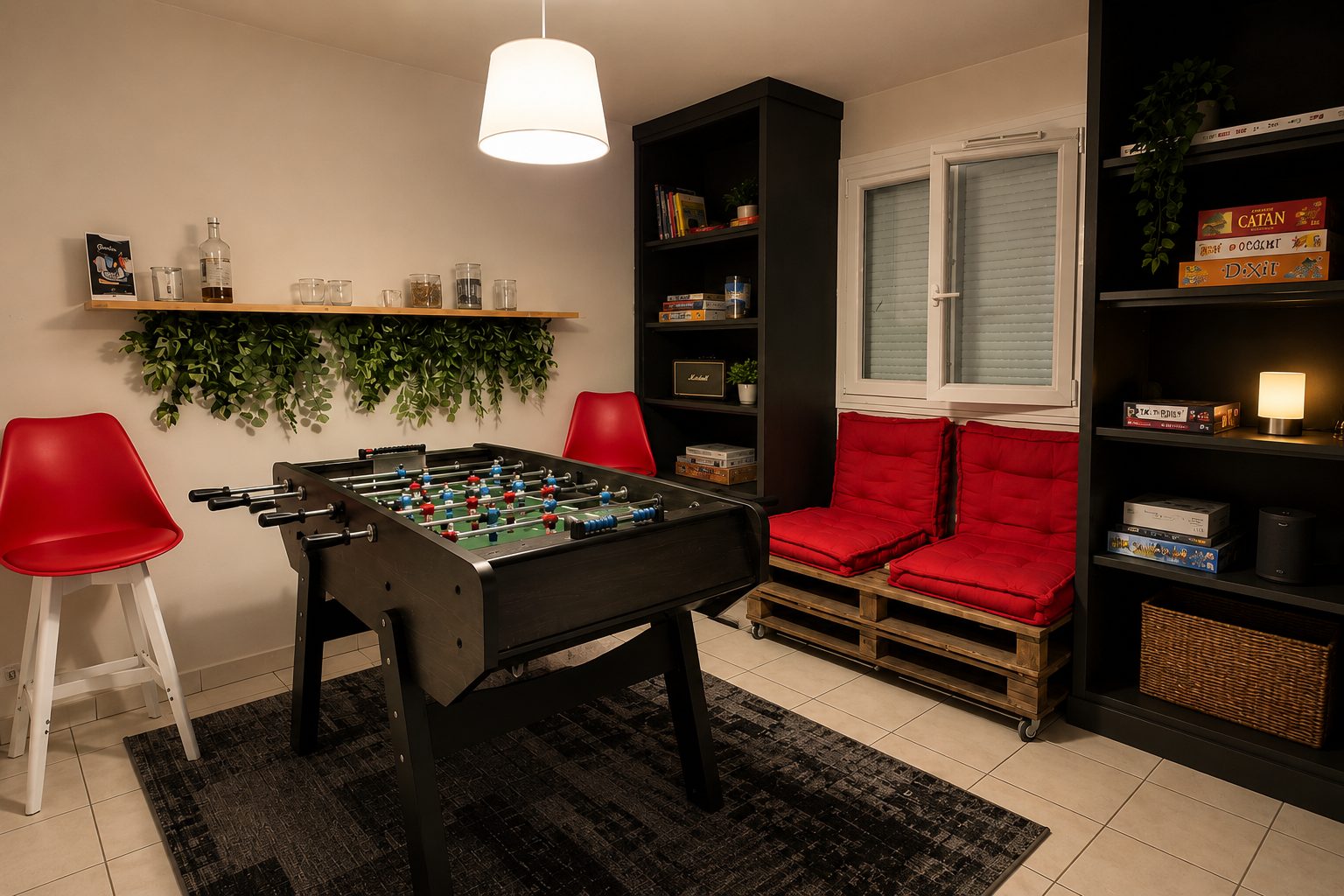 La salle de jeux et son baby-foot
