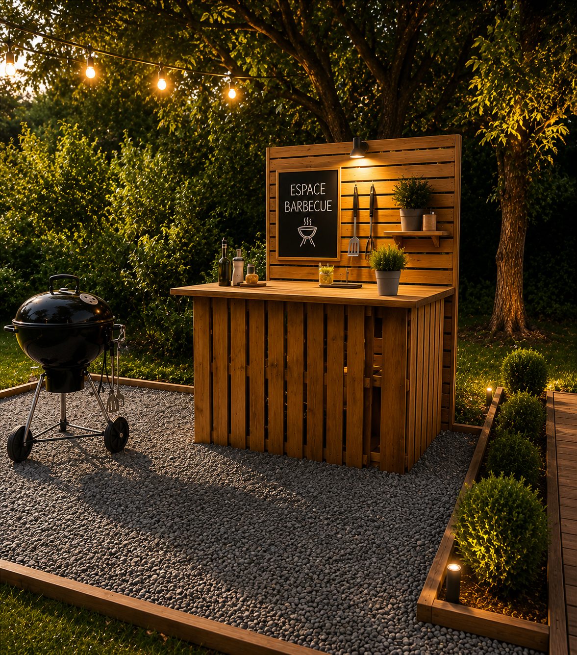 Espace barbecue illuminé le soir